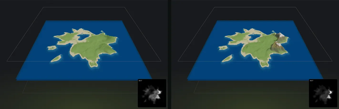 Mountains slider comparison in Crucible Heightmap: low keeps the island low and rolling, high raises tall bold peaks