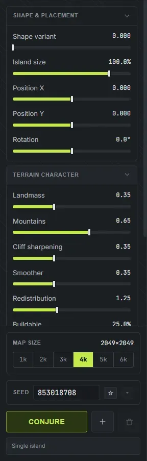 The Crucible Heightmap sidebar showing the Shape and Placement and Terrain Character slider groups, the map size selector and the seed field