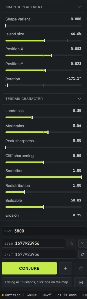 The Crucible Heightmap sidebar showing the Shape and Placement and Terrain Character slider groups, the map size selector and the seed field