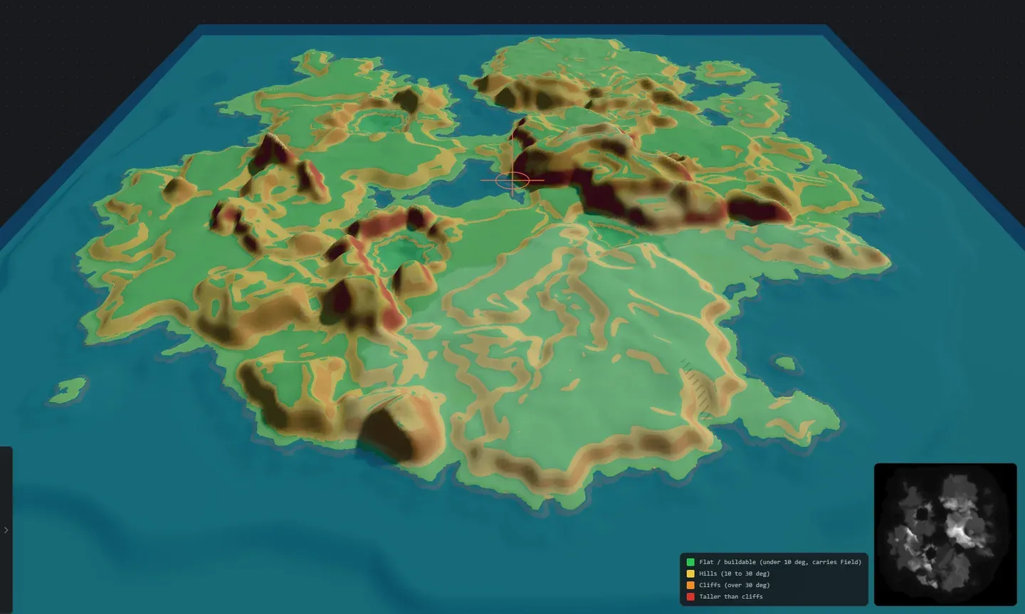 The slope view in Crucible Heightmap highlighting steep, unbuildable terrain in warm colors and flat ground in green
