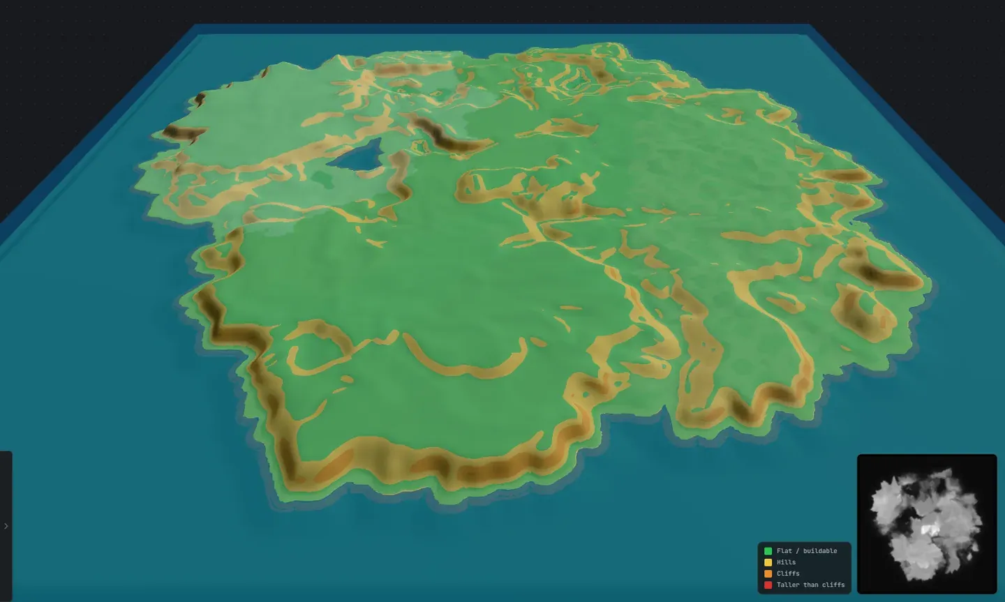 The slope view in Crucible Heightmap highlighting steep, unbuildable terrain in warm colors and flat ground in green