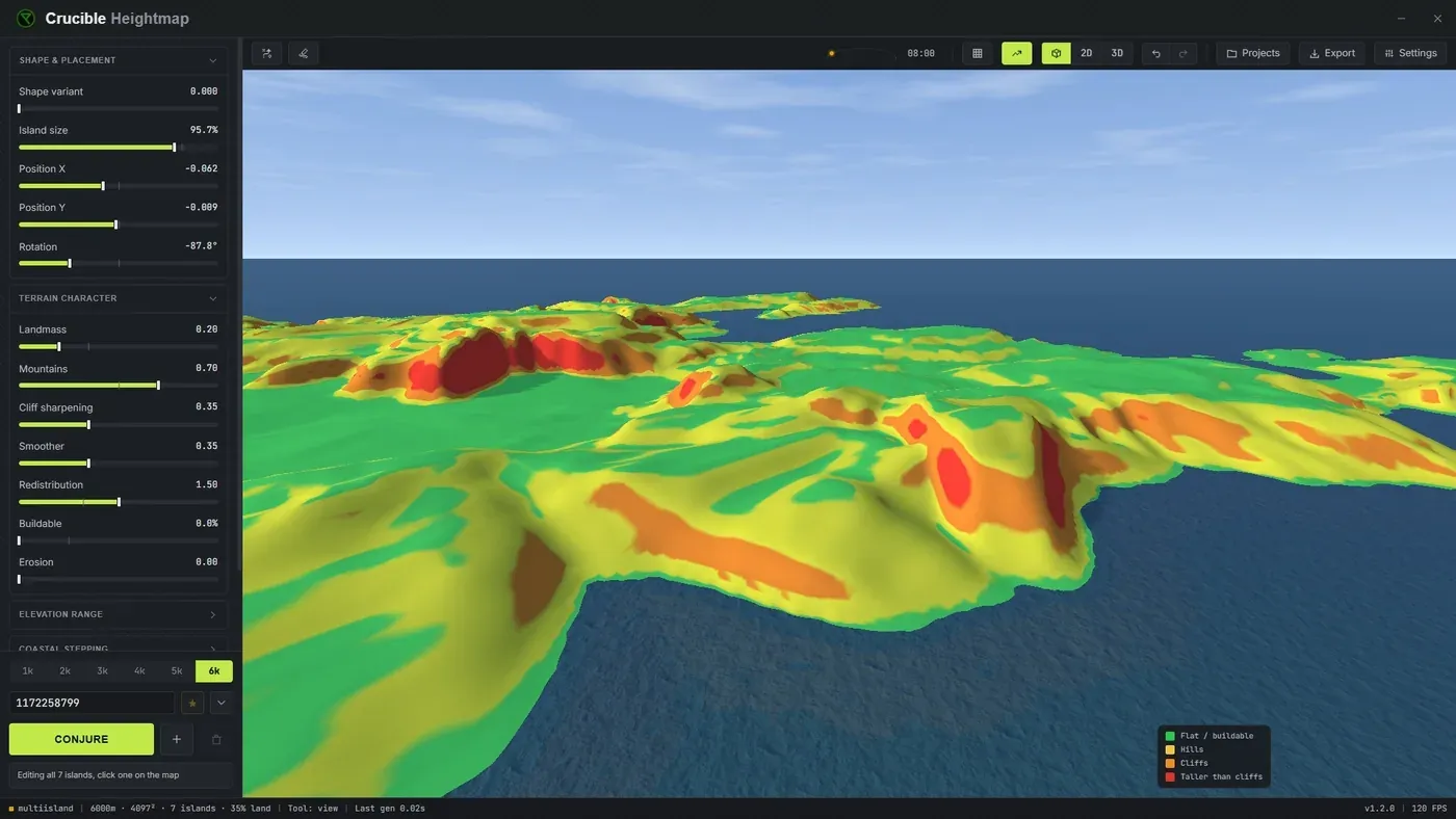 The slope view in Crucible Heightmap highlighting steep, unbuildable terrain in warm colors and flat ground in green