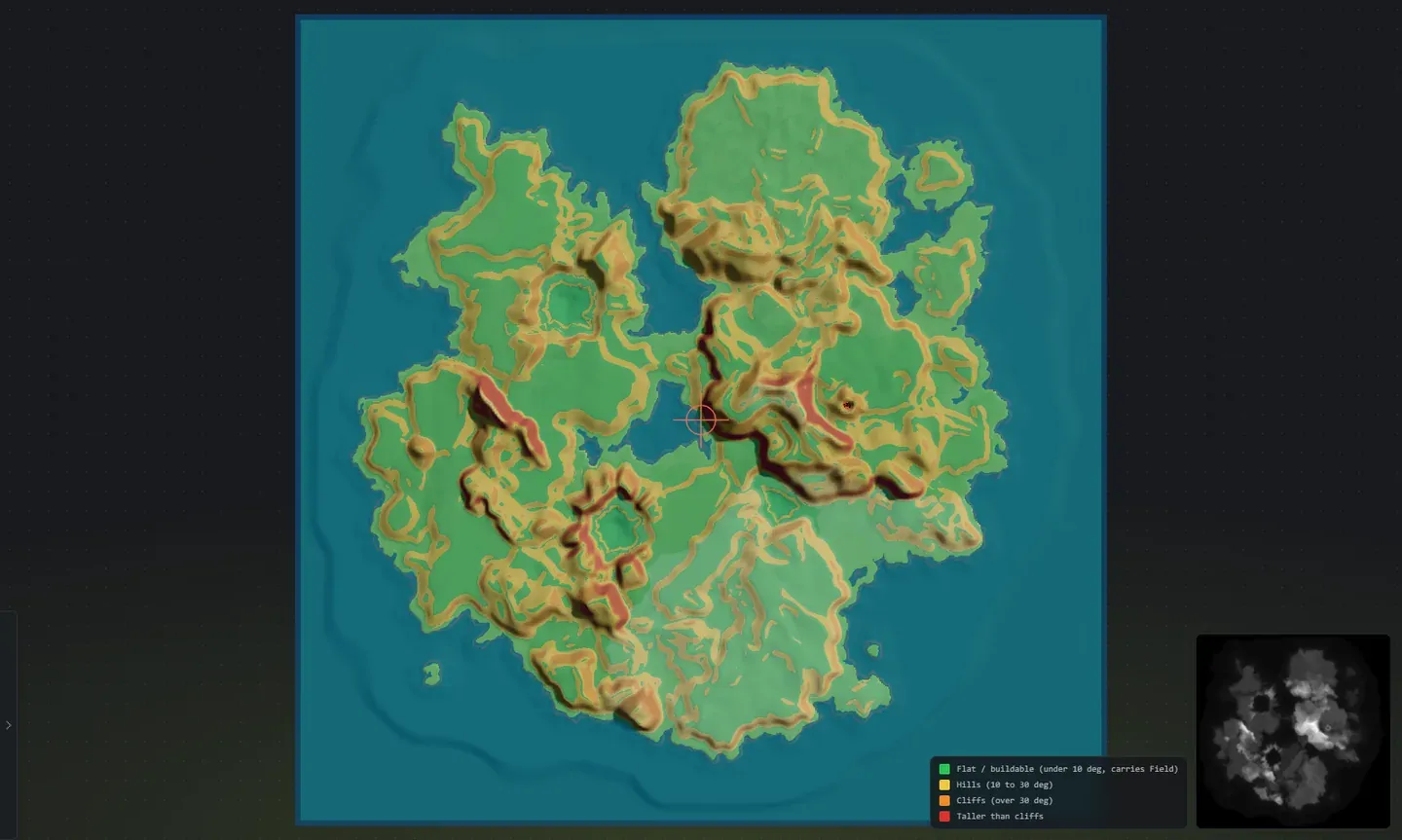 The slope view from a top-down angle in Crucible Heightmap, the whole island color-coded green for flat buildable ground through yellow, orange and red for steeper terrain, with the band color key