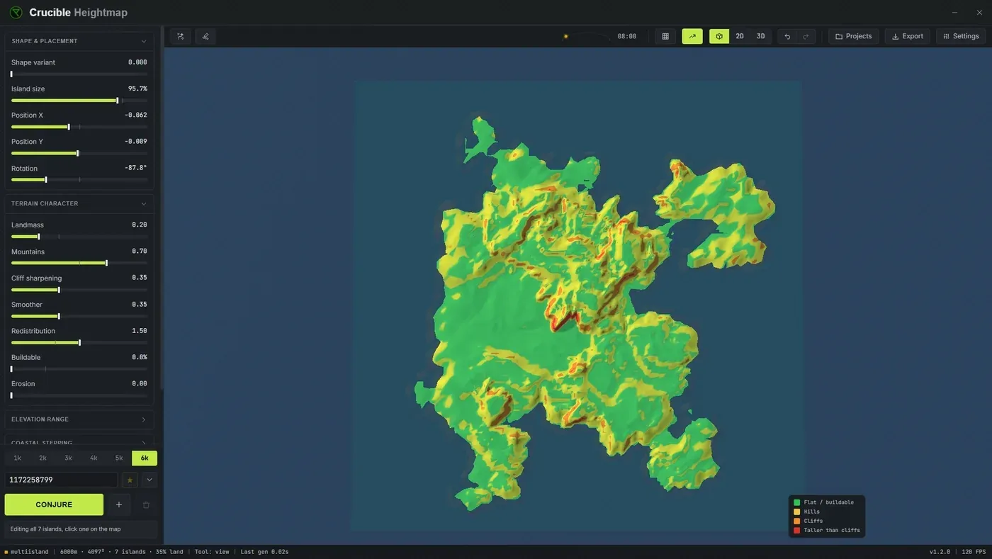 The slope view from a top-down angle in Crucible Heightmap, the whole island color-coded green for flat buildable ground through yellow, orange and red for steeper terrain, with the band color key