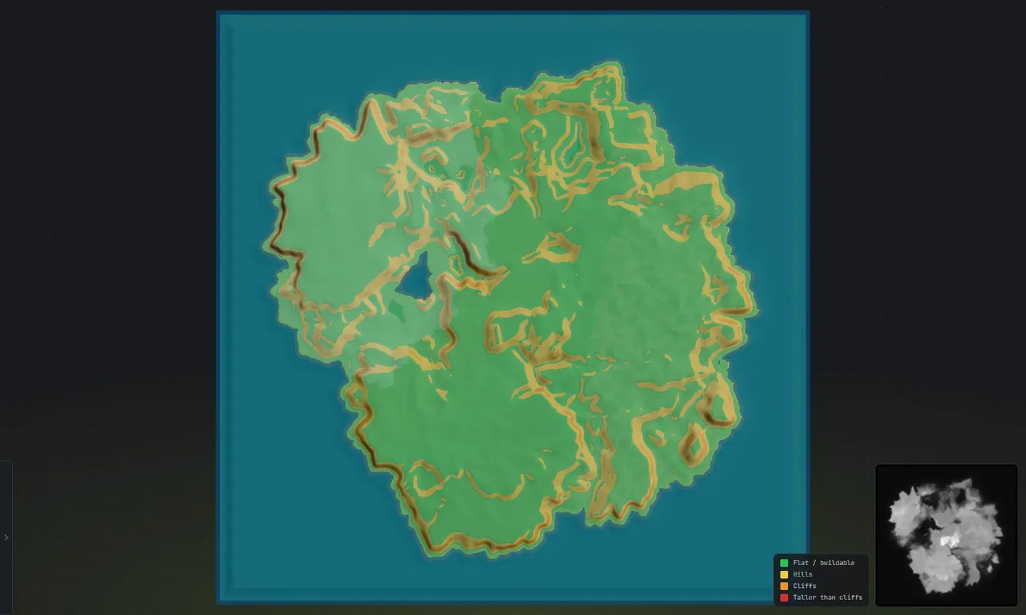 The slope view from a top-down angle in Crucible Heightmap, the whole island color-coded green for flat buildable ground through yellow, orange and red for steeper terrain, with the band color key