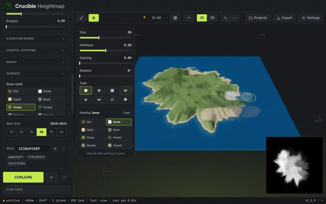 A Rust island in Crucible Heightmap with hand-painted ground textures, sand, rock, forest and a snow cap, shown as splats in the live 3D preview