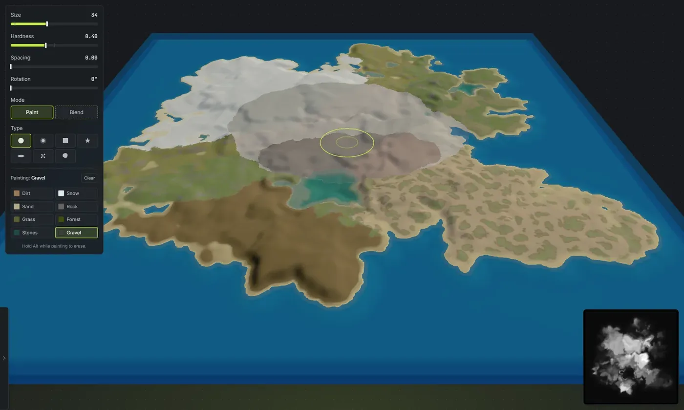 A Rust island in Crucible Heightmap with hand-painted ground textures, sand, rock, forest and a snow cap, shown as splats in the live 3D preview
