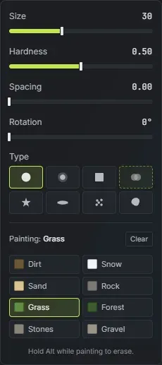 The Crucible Heightmap splat painting panel: brush size, hardness, spacing and rotation sliders, the eight brush types, and the eight Rust ground textures to paint with