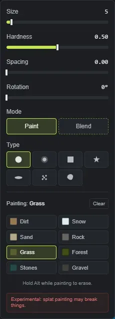 The Crucible Heightmap splat painting panel: brush size, hardness, spacing and rotation sliders, the Paint and Blend modes, the brush types, and the eight Rust ground textures to paint with