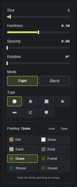 The Crucible Heightmap splat dock: Size, Hardness, Spacing and Rotation sliders, the Paint and Blend modes, the seven brush types, and the eight Rust ground textures with Grass selected