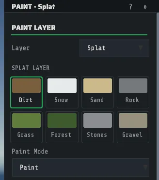 The Splat inspector with its eight ground swatches and the Paint Mode dropdown