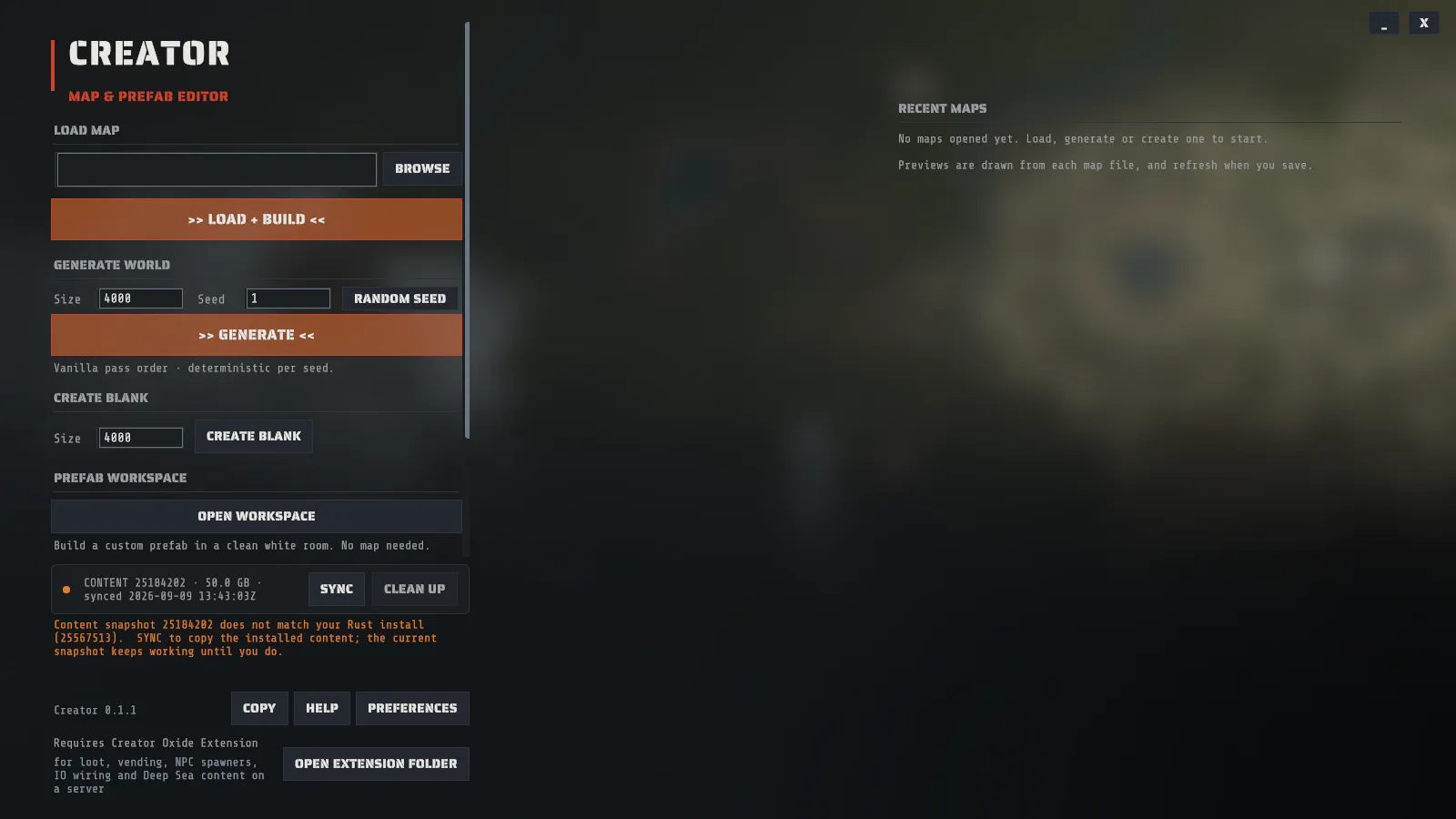 The start screen: the four ways in (load a map, generate a world, create a blank map, open the prefab workspace), the content snapshot footer and the version row