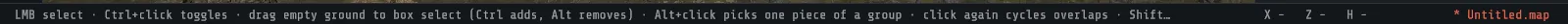 The status bar: the active tool's mouse grammar, the pointer's world position and height, and the open map with its unsaved dot