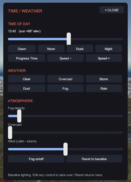The TIME / WEATHER window: the time of day readout and slider with its four presets, the weather presets, and the three atmosphere sliders