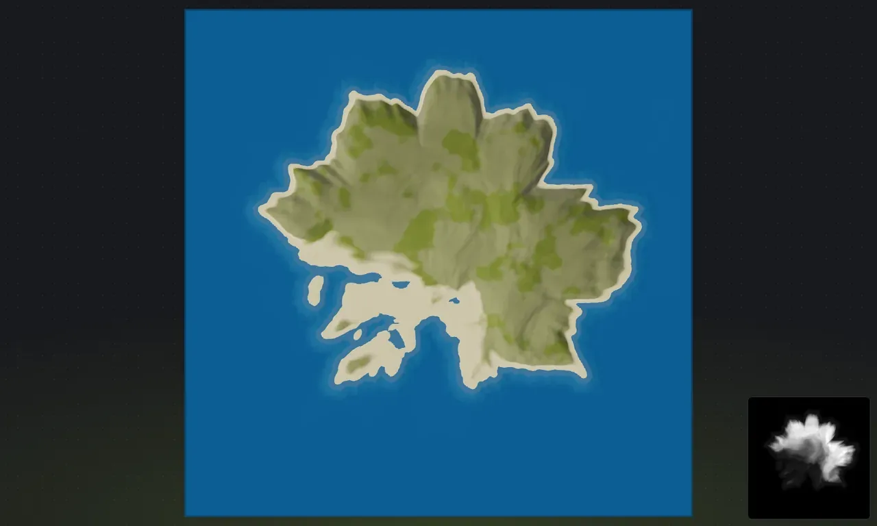 Top-down view in Crucible Heightmap, the 3D camera snapped straight overhead for a flat, map-wide look at the whole Rust island
