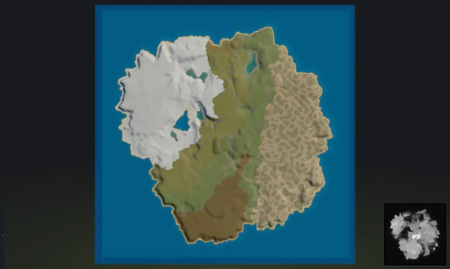 Top-down view in Crucible Heightmap, the 3D camera snapped straight overhead for a flat, map-wide look at the whole Rust island
