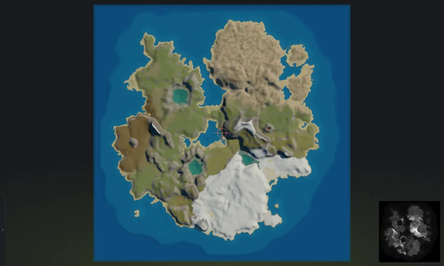 Top-down view in Crucible Heightmap, the 3D camera snapped straight overhead for a flat, map-wide look at the whole Rust island