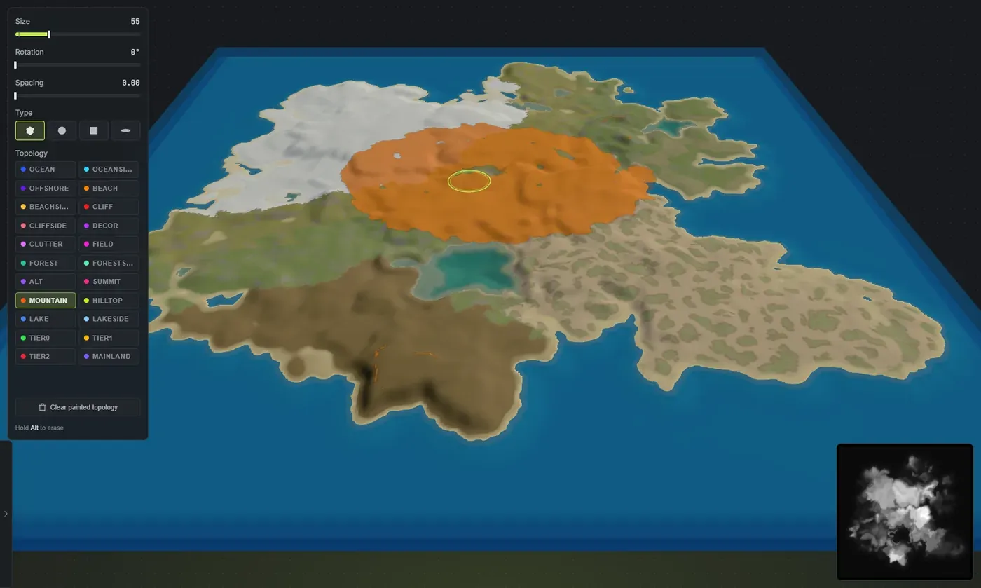 Painting the Forest topology layer onto a Rust custom map in Crucible Heightmap, the topology brush dock showing all 22 Rust topology layers with Forest selected and a teal forest stroke painted across the terrain