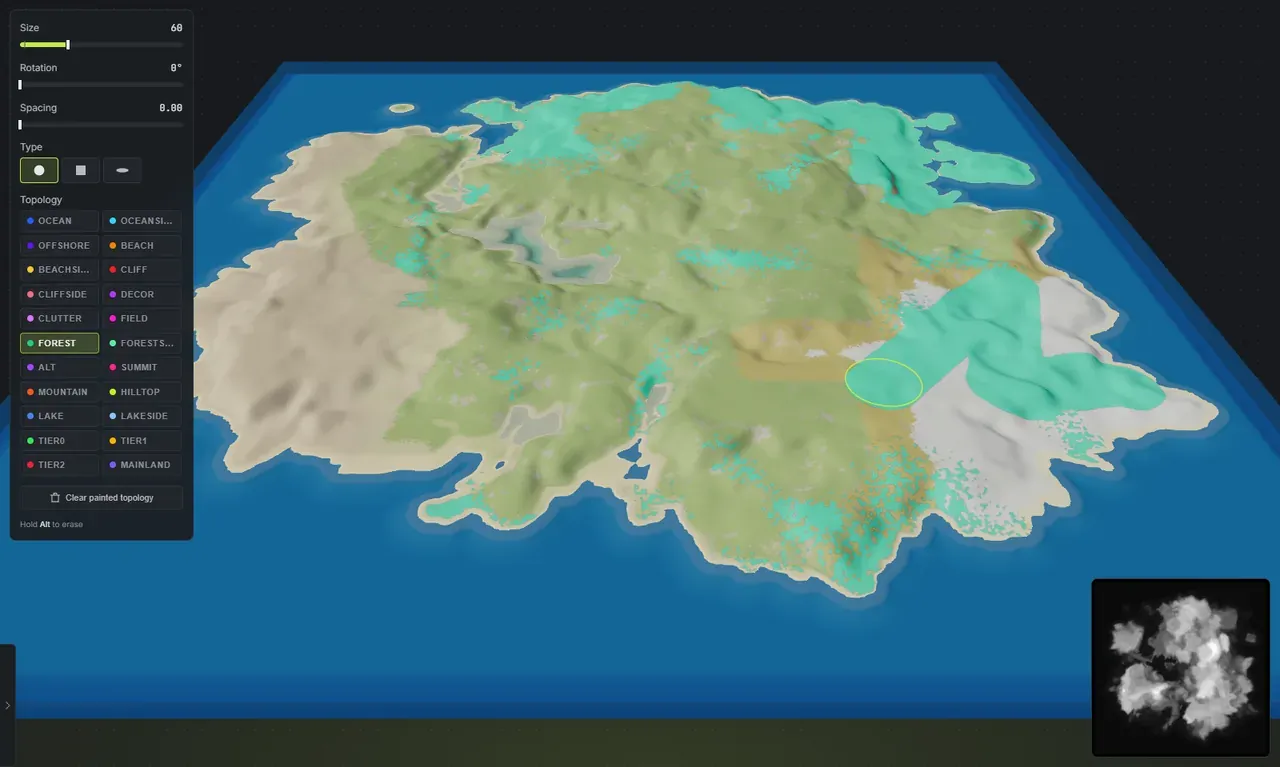 Painting the Forest topology layer onto a Rust custom map in Crucible Heightmap, the topology brush dock showing all 22 Rust topology layers with Forest selected and a teal forest stroke painted across the terrain