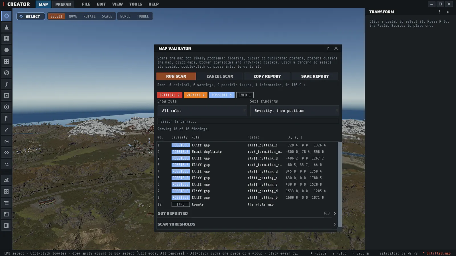 The MAP VALIDATOR window after RUN SCAN on a generated map: the severity chips with their counts, the rule and sort filters and the numbered findings