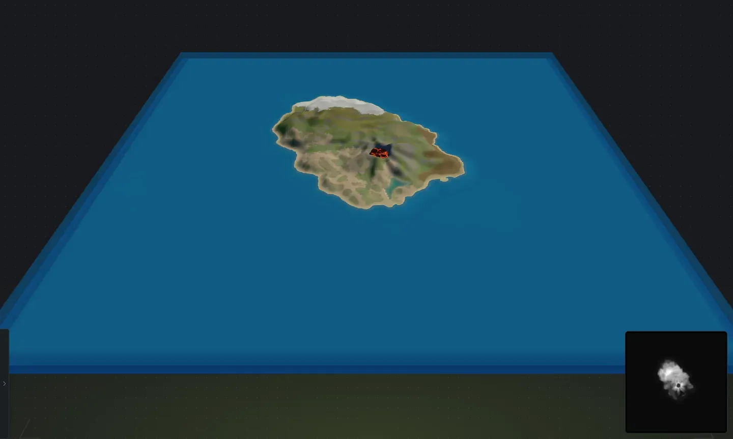 A volcano island in the Crucible Heightmap 3D preview, a cone with a summit crater on a ridged island