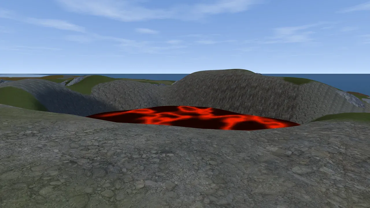Standing on a volcano rim in the Crucible Heightmap in-game view, looking down into the vent