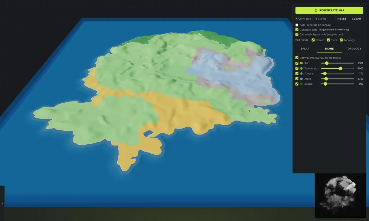 A Rust map in Crucible Heightmap with the biome overlay on, showing arid, temperate, tundra, arctic and jungle regions in distinct colours next to the Worldgen biome panel