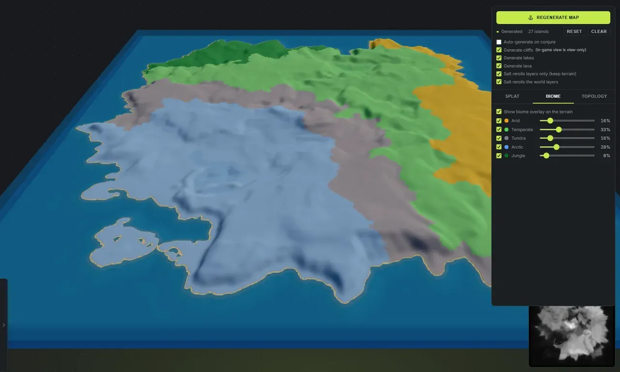 A Rust map in Crucible Heightmap with the biome overlay on, showing arid, temperate, tundra, arctic and jungle regions in distinct colours next to the Worldgen biome panel