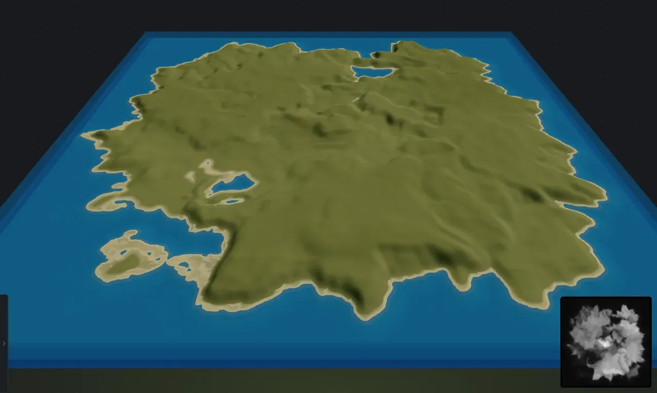A Rust custom map in Crucible Heightmap before worldgen, showing bare terrain with a plain grass surface and a sand shoreline and no biomes or forests