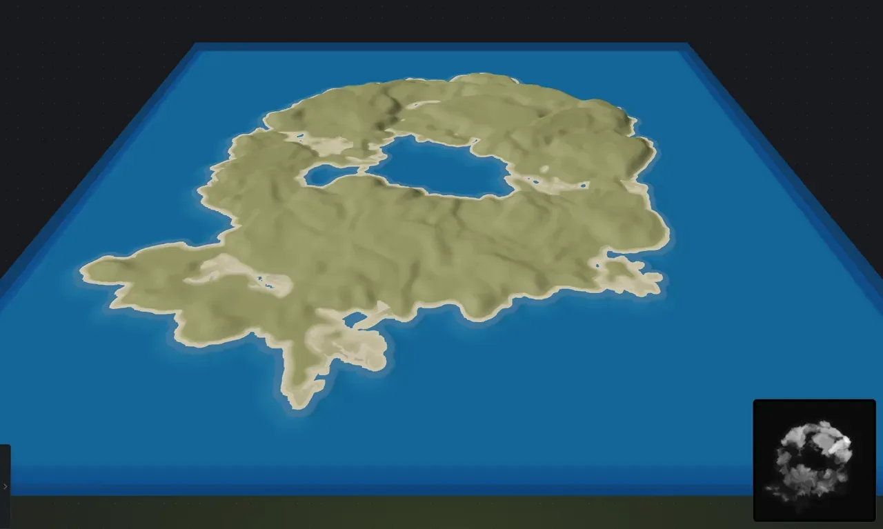 A Rust custom map in Crucible Heightmap before worldgen, showing bare terrain with a plain grass surface and a sand shoreline and no biomes or forests