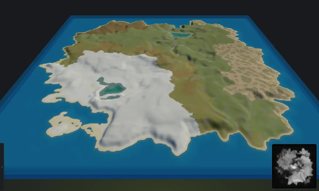The same Rust custom map after worldgen, showing arid desert, green temperate land, an arctic snow region, forest stands and beaches derived from the terrain