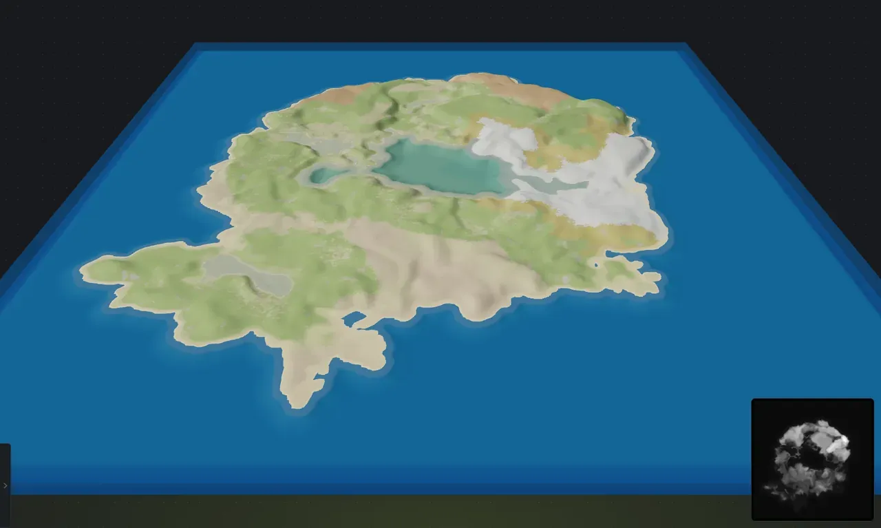 The same Rust custom map after worldgen, showing arid desert, green temperate land, an arctic snow region, forest stands and beaches derived from the terrain