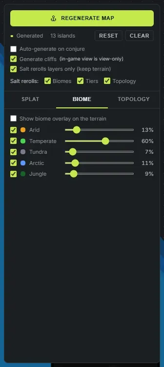 The biome tab of the Worldgen panel in Crucible Heightmap, showing the Arid, Temperate, Tundra, Arctic and Jungle share sliders with their live percentages