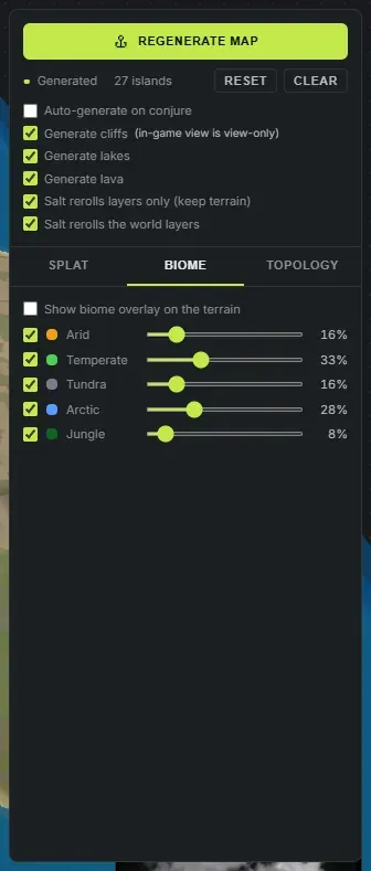 The biome tab of the Worldgen panel in Crucible Heightmap, showing the Arid, Temperate, Tundra, Arctic and Jungle share sliders with their live percentages