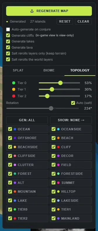 The Worldgen panel in Crucible Heightmap on the topology tab, showing the Regenerate map button, the generate cliffs and auto-generate options, the tier sliders and all 22 Rust topology layers