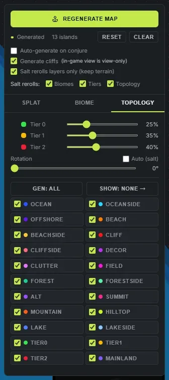 The Worldgen panel in Crucible Heightmap on the topology tab, showing the Regenerate map button, the generate cliffs and auto-generate options, the tier sliders and all 22 Rust topology layers